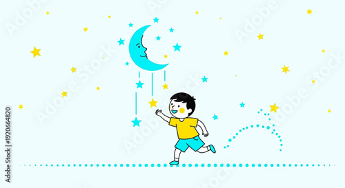 Happy Child Reaching For Moon And Stars At Night