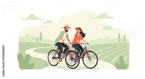 Happy Couple Enjoying Bicycle Ride Through Scenic Countryside Landscape