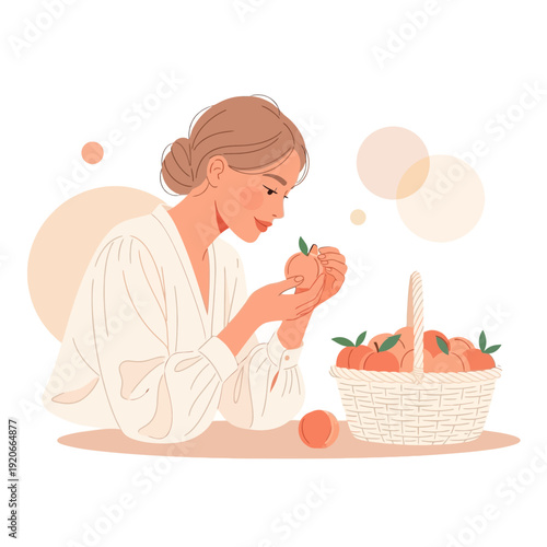 Harvest Fresh Peaches Woman Gathering Fruit From Orchard Season