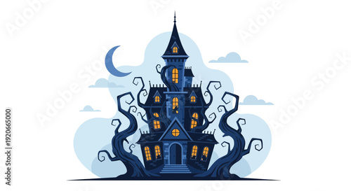 Haunted House Illustration With Spooky Trees And A Crescent Moon Silhouette