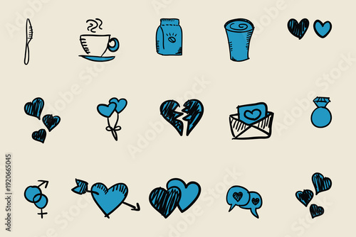 A collection of blue and black heart icons and symbols on a beige background