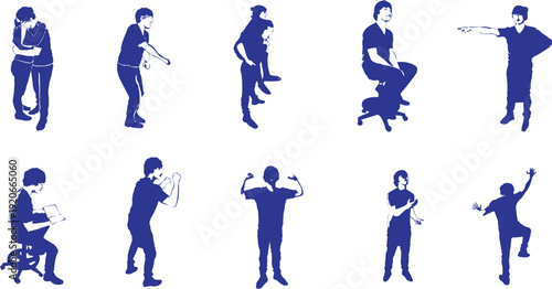 Collection of nine blue silhouette illustrations of people performing various actions and poses