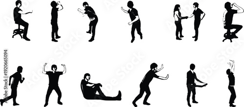 Collection of black silhouettes of people in various poses and actions
