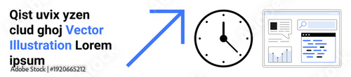 Time management, productivity tools, data analysis, office applications, goal setting, progress monitoring. A clock, upward arrow and analytics dashboard. Time management and productivity tools