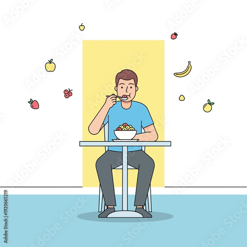 Healthy Man Enjoying A Delicious Bowl Of Fresh Fruit And Cereal For Breakfast