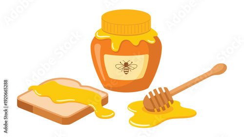 A digital illustration of honey being drizzled from a jar onto toast with a honey dipper beside it