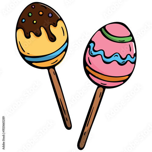 Easter egg cake pops with chocolate glaze and colorful icing, hand drawn doodle icon for vegan confectionery branding and holiday sweet treats, isolated vector.