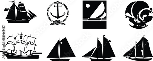 Collection of sailboat and ship silhouettes with various designs and styles