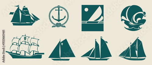 Nautical symbols and sailboats illustrations