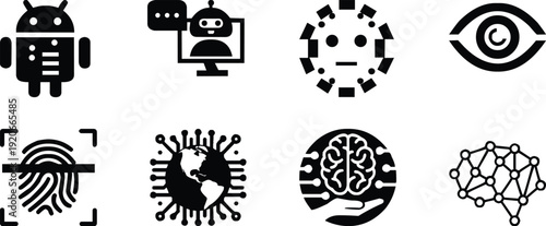Collection of black and white icons representing technology and artificial intelligence concepts