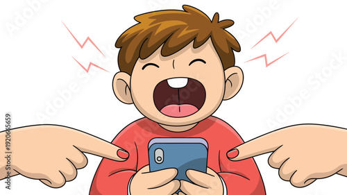 A frightened child holds a mobile phone while two hands point at him from either side in a cartoon style