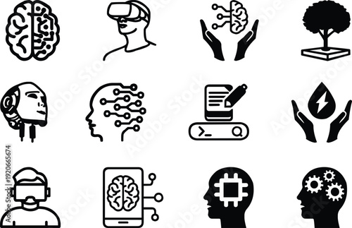 Collection of black and white icons representing technology human brain and nature
