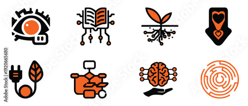 Collection of eight abstract technology and nature inspired orange and black icons on white background