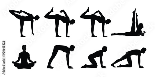 A series of yoga poses in black silhouette on a white background for mindfulness and wellness