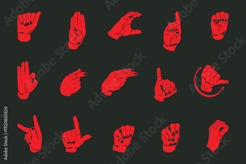 A collection of 15 red hand gestures on a black background