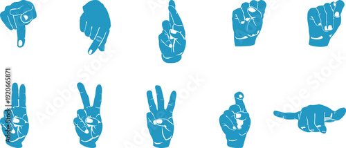 Collection of nine blue robotic hands in various positions on white background