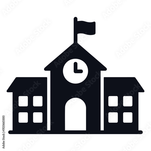 Simple Silhouette Icon of a School Building with Clock and Flag