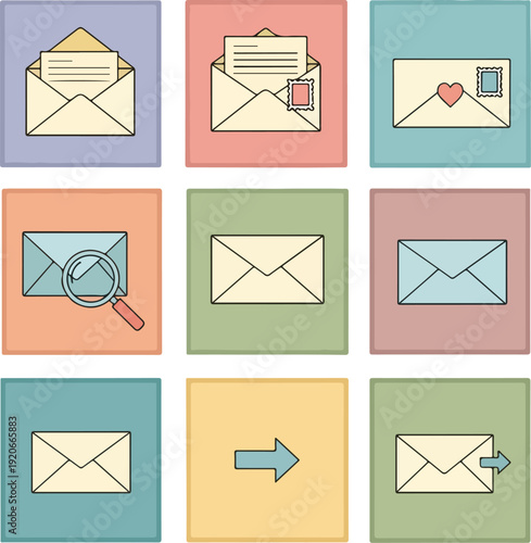 Email icons set colorful mail symbols
