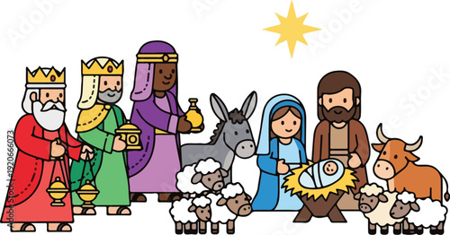 Nativity scene with holy family three wise men sheep and ox