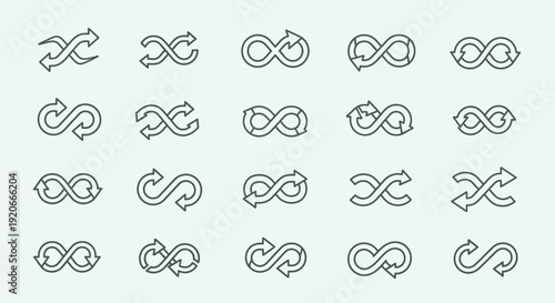 Infinity loop arrows vector icons set, endless cycle symbols and continuous motion graphics