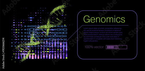 Stylized DNA double helix intertwined with scattered glowing particles and colorful neon dots in green, purple.