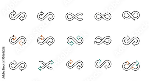 Infinity loop arrows vector icons set. Continuous cycle, endless flow, repetition symbols.