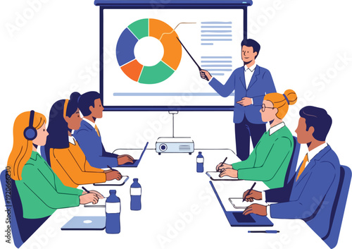 Business meeting with diverse team and pie chart presentation