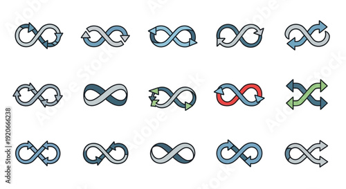 Infinity symbol with arrows vector icon set. Continuous loop, endless cycle, and perpetual motion concept.