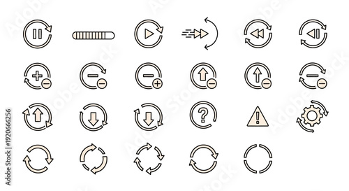 Modern user interface media player and refresh icons set for web and app design