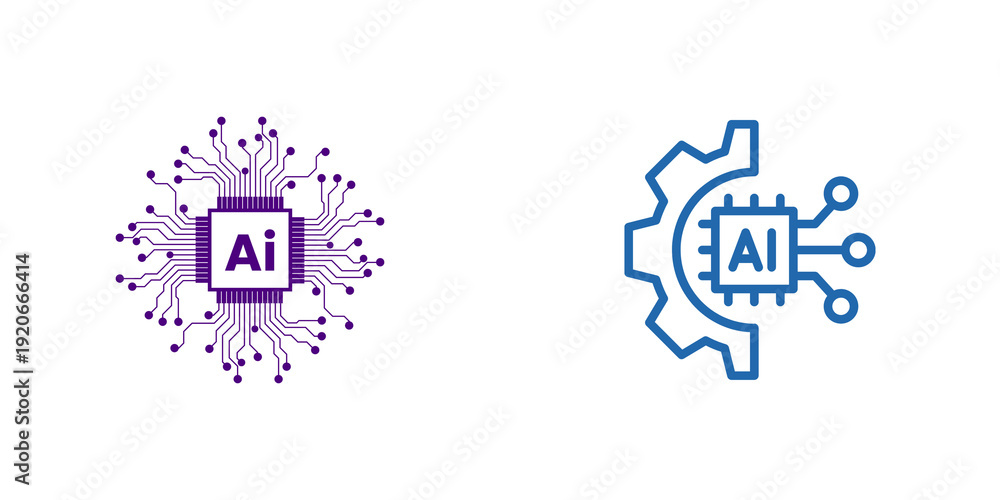 Fototapeta premium Two ai icons with gears and dots, isolated on transparent background
