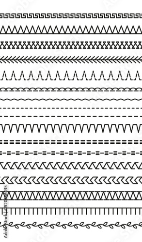 Set of machine thread sewing seams. Sew brushes seamless pattern. Overlock fabric elements. Embroidery stitches. Outline border isolated on white background. Simple design. Vector illustration.