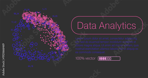 Stylized vector visualization of data points forming curved loop shape in glowing blue and pink particles with numeric labels on dark gray background for analytics theme. 