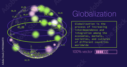 Vibrant vector illustration portraying globalization as a spherical Earth-like structure enveloped in orbiting particle clouds and elliptical paths, composed of glowing neon green and purple dots.