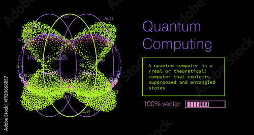 Vibrant vector illustration featuring a glowing double-lobed structure resembling overlapping quantum wavefunctions or entangled qubit states, built from thousands of bright particle dots.
