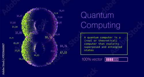 Glowing figure-eight (lemniscate or infinity loop) shape formed of colorful scattered particles in neon hues. Conceptual vector illustration for quantum computing, superposition, entanglement themes.