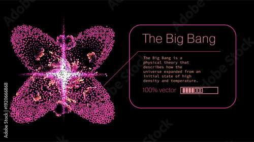 Vibrant vector illustration of butterfly-shaped Big Bang explosion in glowing pink, magenta, purple particles on black background with cosmic text overlay. Conceptual vector art for Big Bang theory.