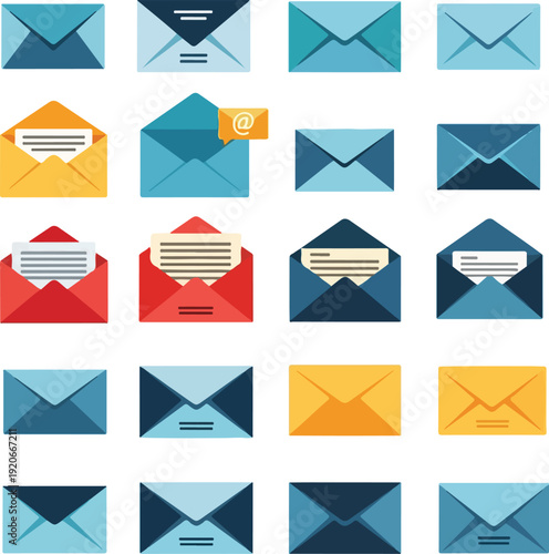 Colorful email icons and envelopes on white background