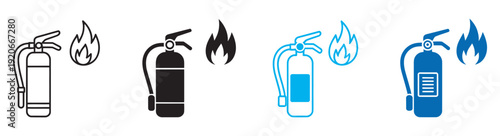 Fire extinguisher icon set, diverse style collection, vector emergency safety equipment icons, protection symbols illustration set