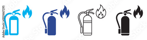 Fire extinguisher icon set, multiple style collection, vector safety equipment symbols, emergency protection illustration pack