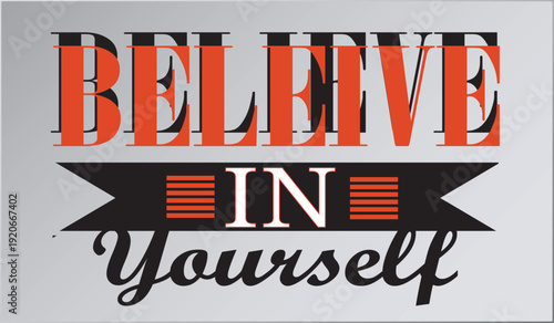 Red vector T-Shirt design for a Believe in yourself  label featuring a symbolic stamp icon and warning text concept on a red button