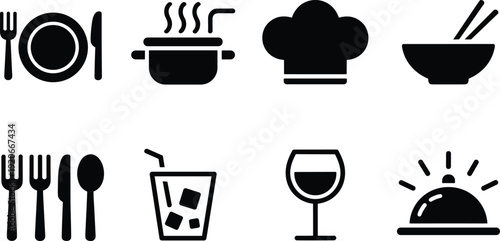 Restaurant and kitchen icons set, food service vector illustration, cooking dining silhouette collection design