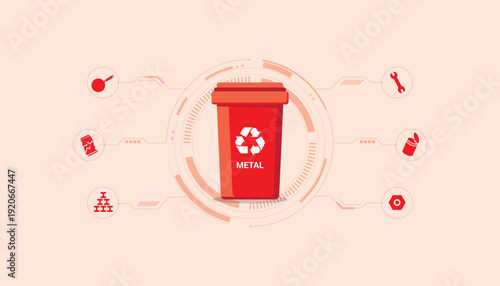 Red metal recycling bin with aluminum and steel waste icons, illustrating metal waste separation and circular recycling economy system.