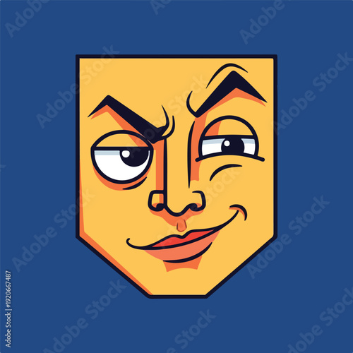 Smiling yellow cartoon face with winking eyes on blue background