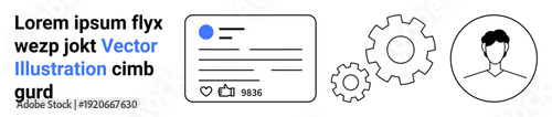 Social media, user interface, digital settings, online networking, profile customization, engagement analytics. Social media post with thumbs ups, user avatar and gear icons. Social media