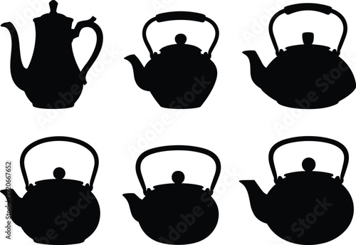 Teapot silhouette icons set, vintage kettle collection vector illustration, kitchen cookware black shape design