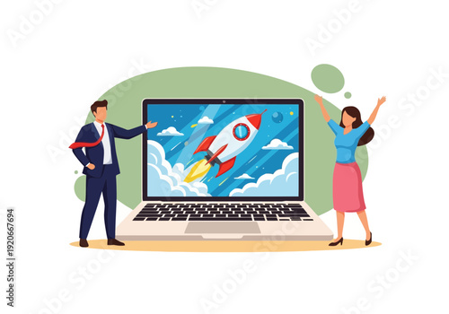 Business professionals launching a rocket from a laptop computer screen together in a colorful illustration
