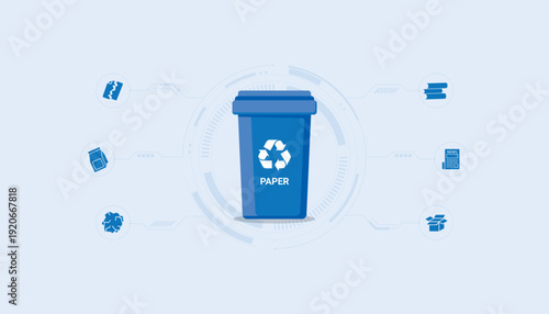 Blue paper recycling bin with document and cardboard icons, symbolizing paper waste collection and eco-friendly recycling management.