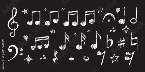 Chalk style music symbols set on blackboard background. Hand drawn white musical notes and notation elements including treble clef, bass clef. Perfect for music class design, school posters.