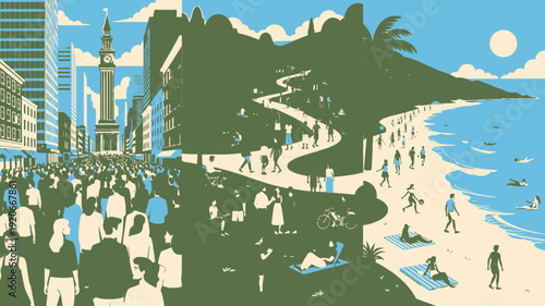 City Beach Scene with Palm Tree