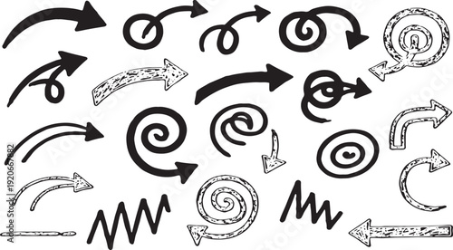 Vector set of hand-drawn grunge arrows, collection of hand-painted brush stroke pointers and creative ink scribbles for artistic